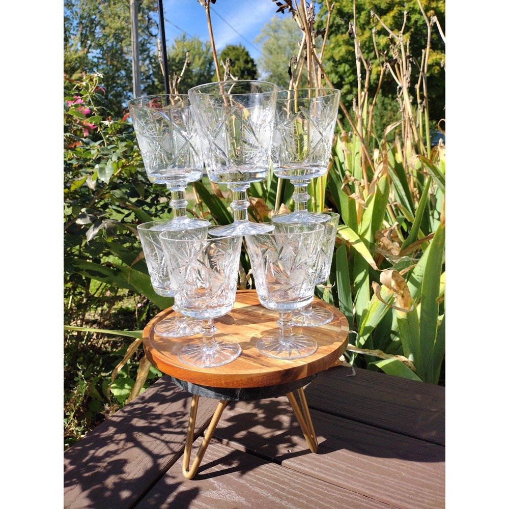 Seven Cut Glass Goblets with Starburst Design